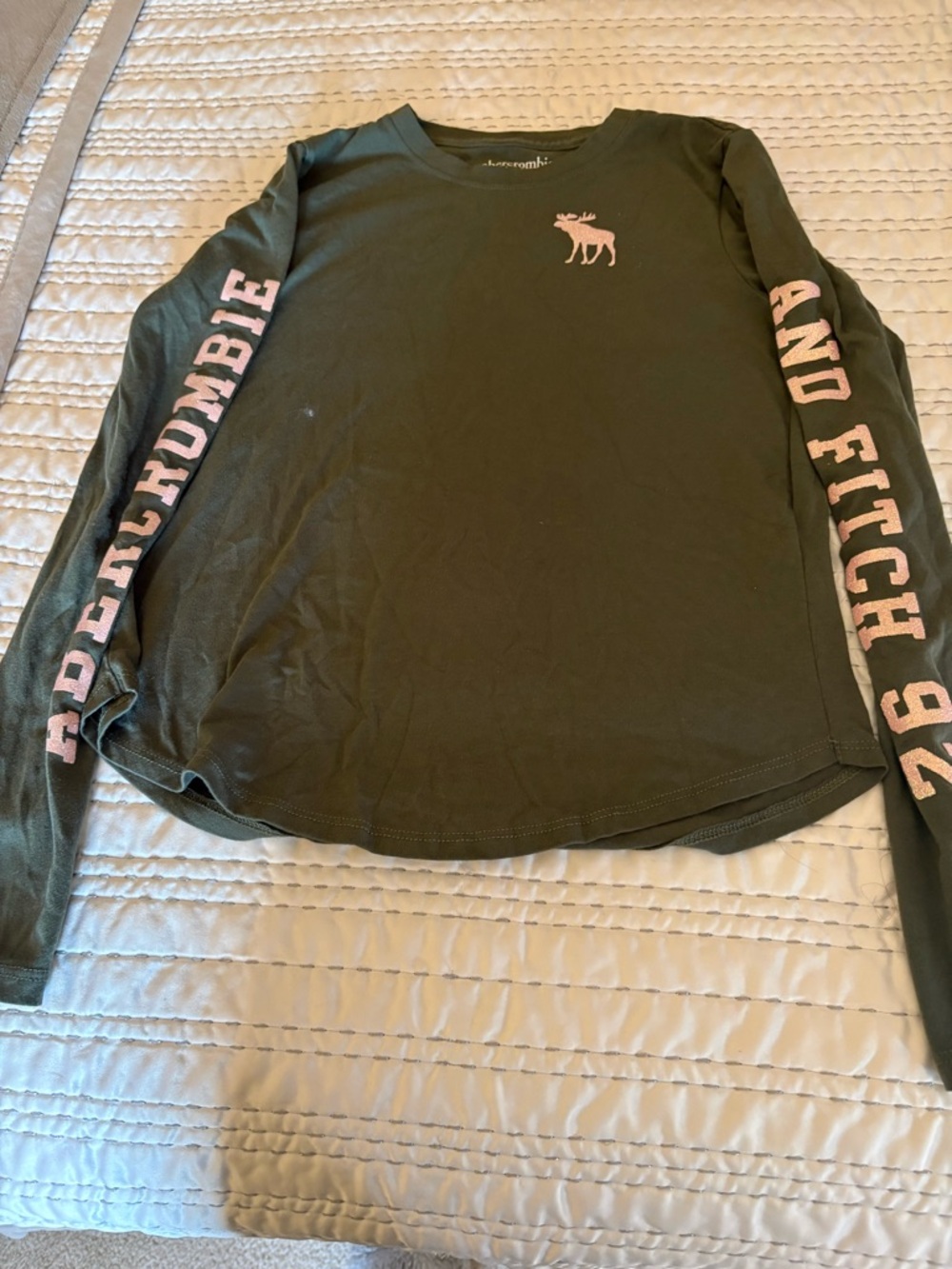 Abercrombie & Fitch Olive Green Long Sleeve Tee with Pink Logo